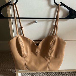 Faux Leather Bustier Cropped Top Tan with Spaghetti Straps